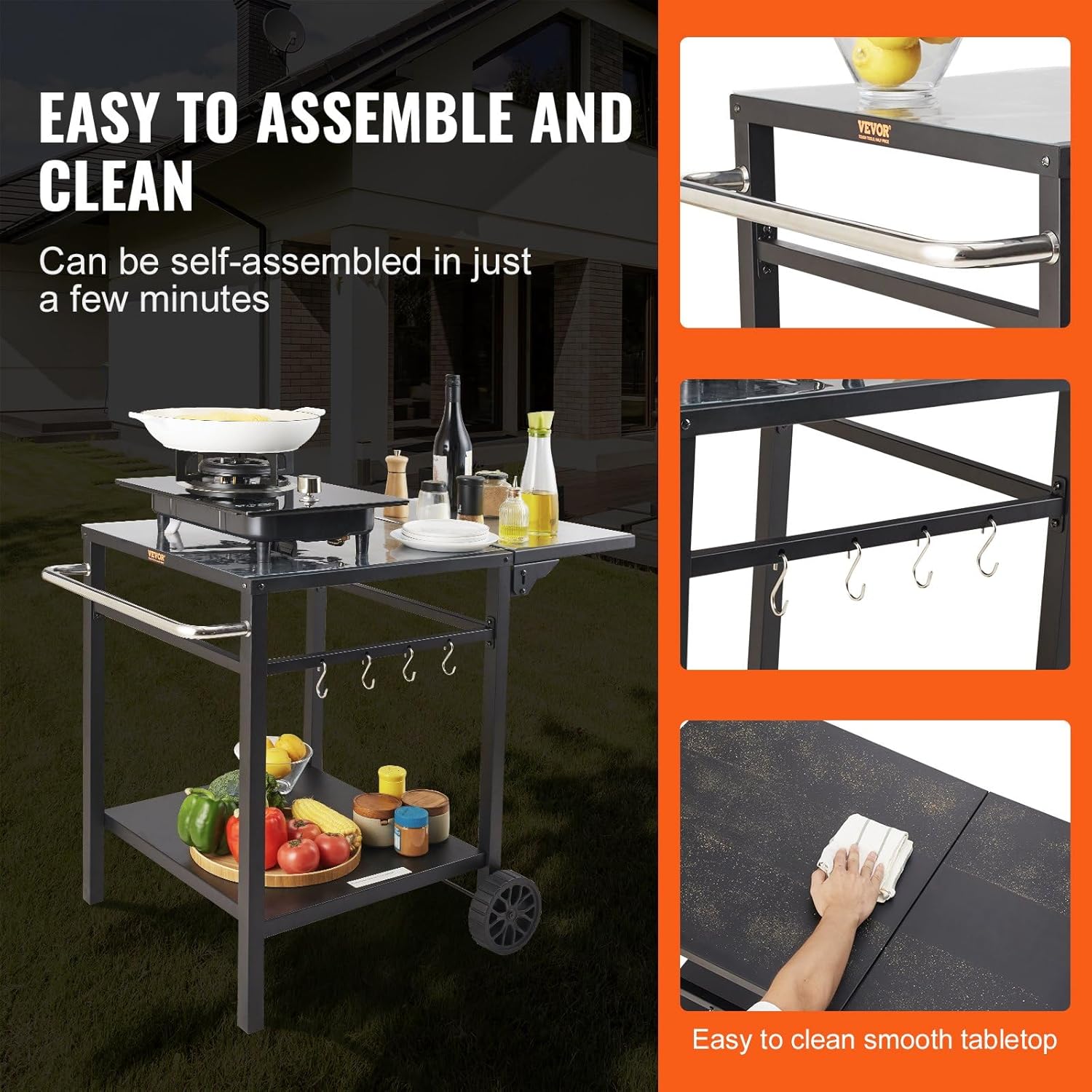 Outdoor Grill Dining Cart with Double-Shelf, BBQ Movable Food Prep Table, Multifunctional Foldable Iron Table Top, Portable Modular Carts for Pizza Oven, Worktable with 2 Wheels, Carry Handle