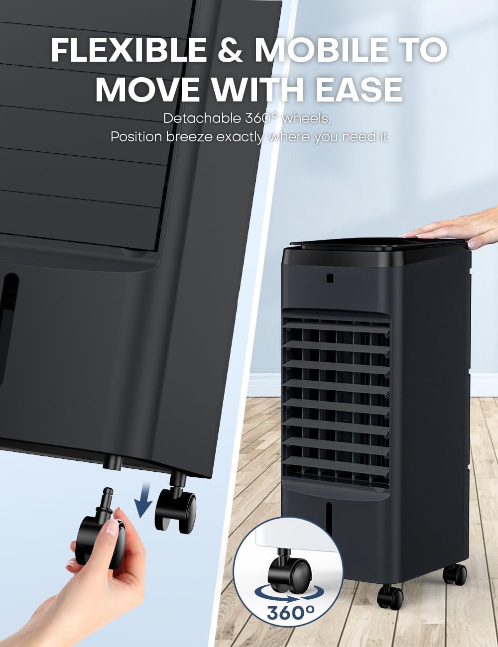 NOMEY 3-IN-1 Portable Air Conditioners 4 Modes & 3 Speeds, Waterless Alert System, 12H Timer, 1 Gal Detachable Water Tank, 4 Ice Packs, Remote, 70° Oscillation Windowless Evaporative Air Cooler