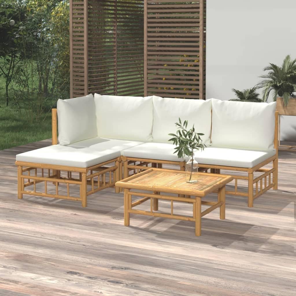 5 Piece Patio Lounge Set with Cream White Cushions Bamboo,Premium Bamboo Patio Lounge Set: Comfort and Style for Your Outdoor, Patio Furniture Sets, Outdoor Furniture Sets