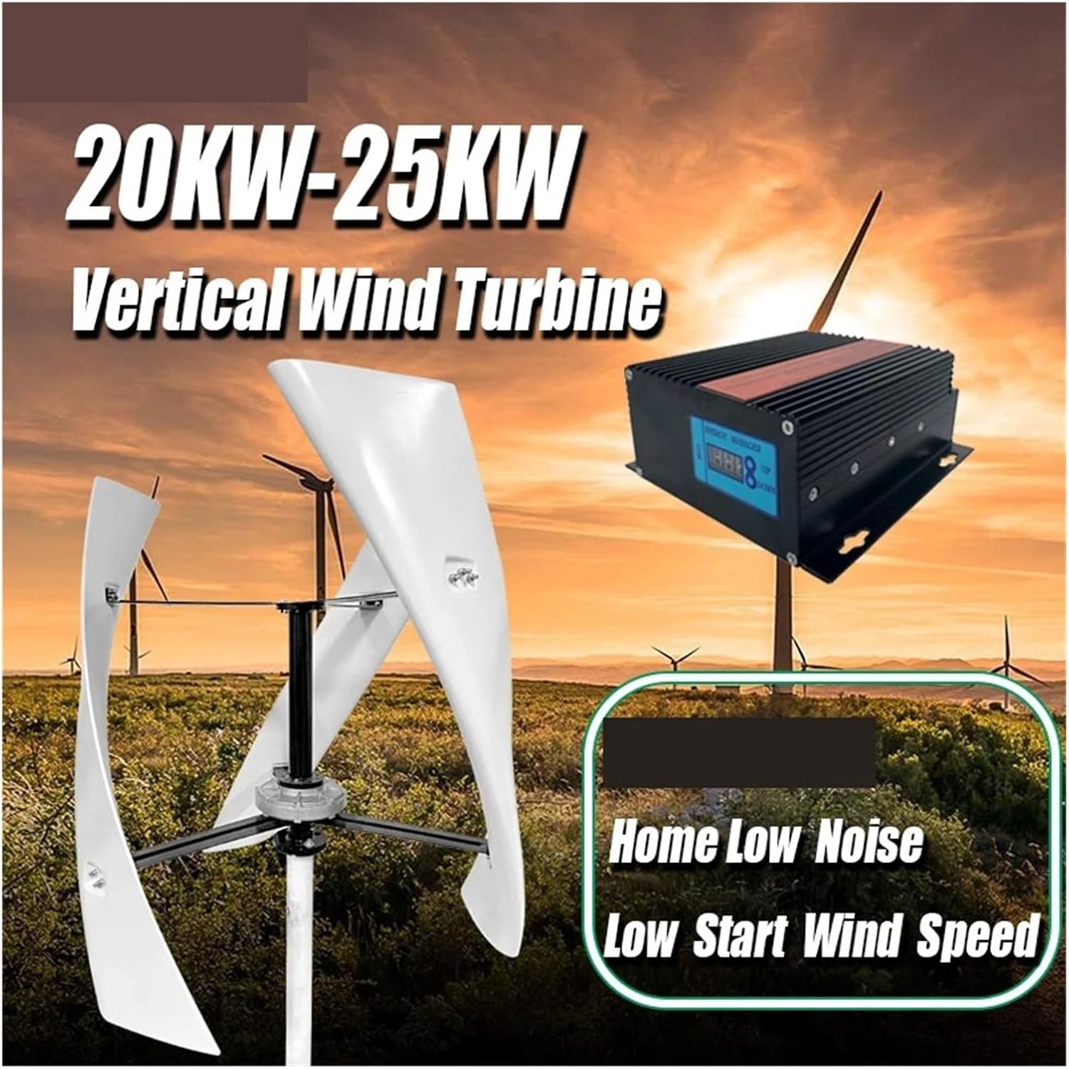 Vertical Axis Wind Turbine 25KW 20KW Vertical Generator 12V 24V 48V with MPPT Charge Controller for Home Use Hybrid Charge Low Starting Speed for Home(Wind Turbine only,12V_25KW)