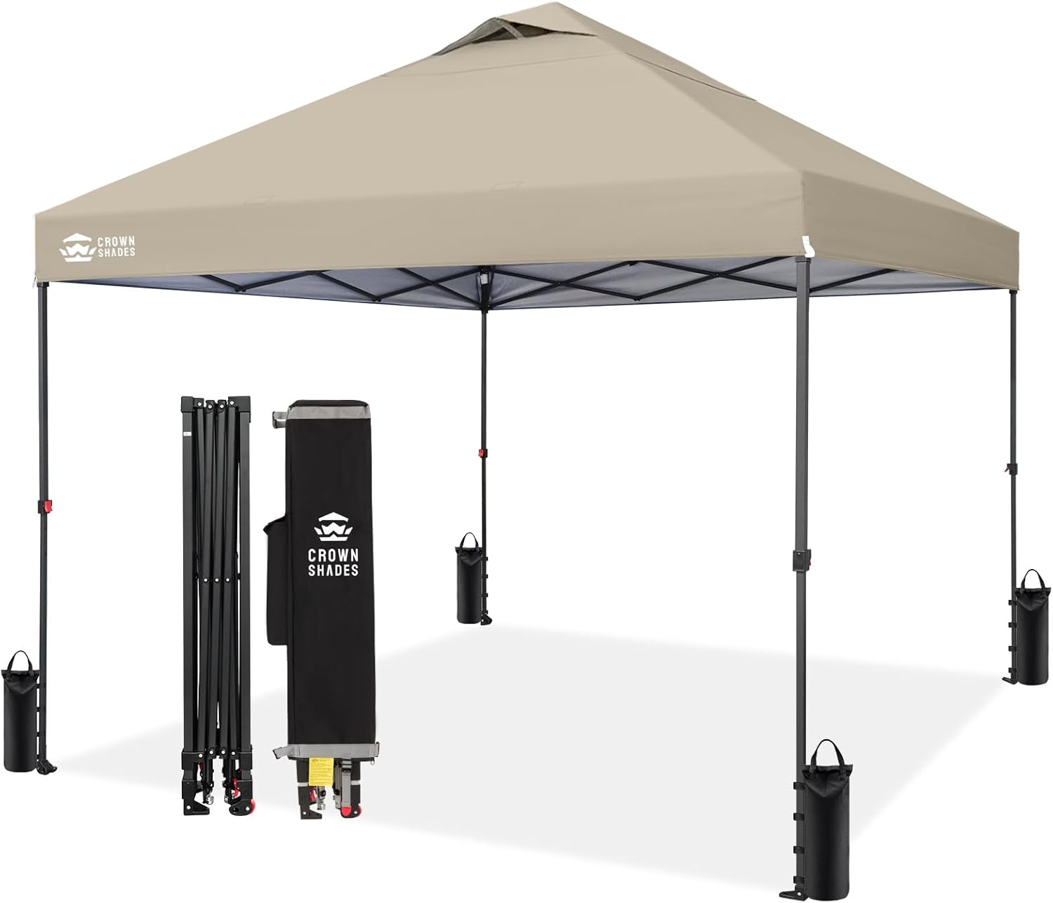 CROWN SHADES 10x10 Pop Up Canopy Tent - Patented Center Lock One Push Instant Outdoor Canopy Beach Tent with STO-N-Go Bag 8 Stakes & 4 Sand Bags，Khaki