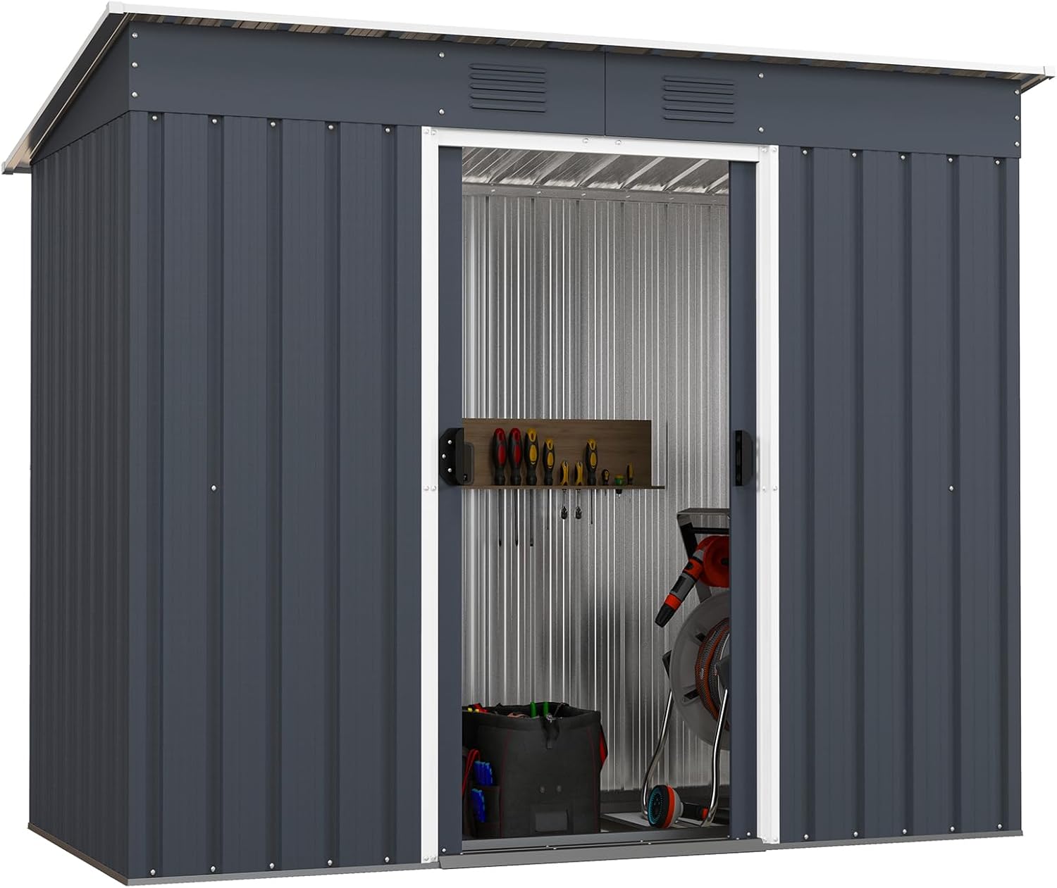 Goplus Outdoor Storage Shed with Floor Foundation, 3.2 FT x 6.7 FT Weather-Resistant Metal Tool Shed w/Air Vents & Lockable Door, Garden Sheds & Outdoor Storage for Outside Backyard, Patio, Lawn