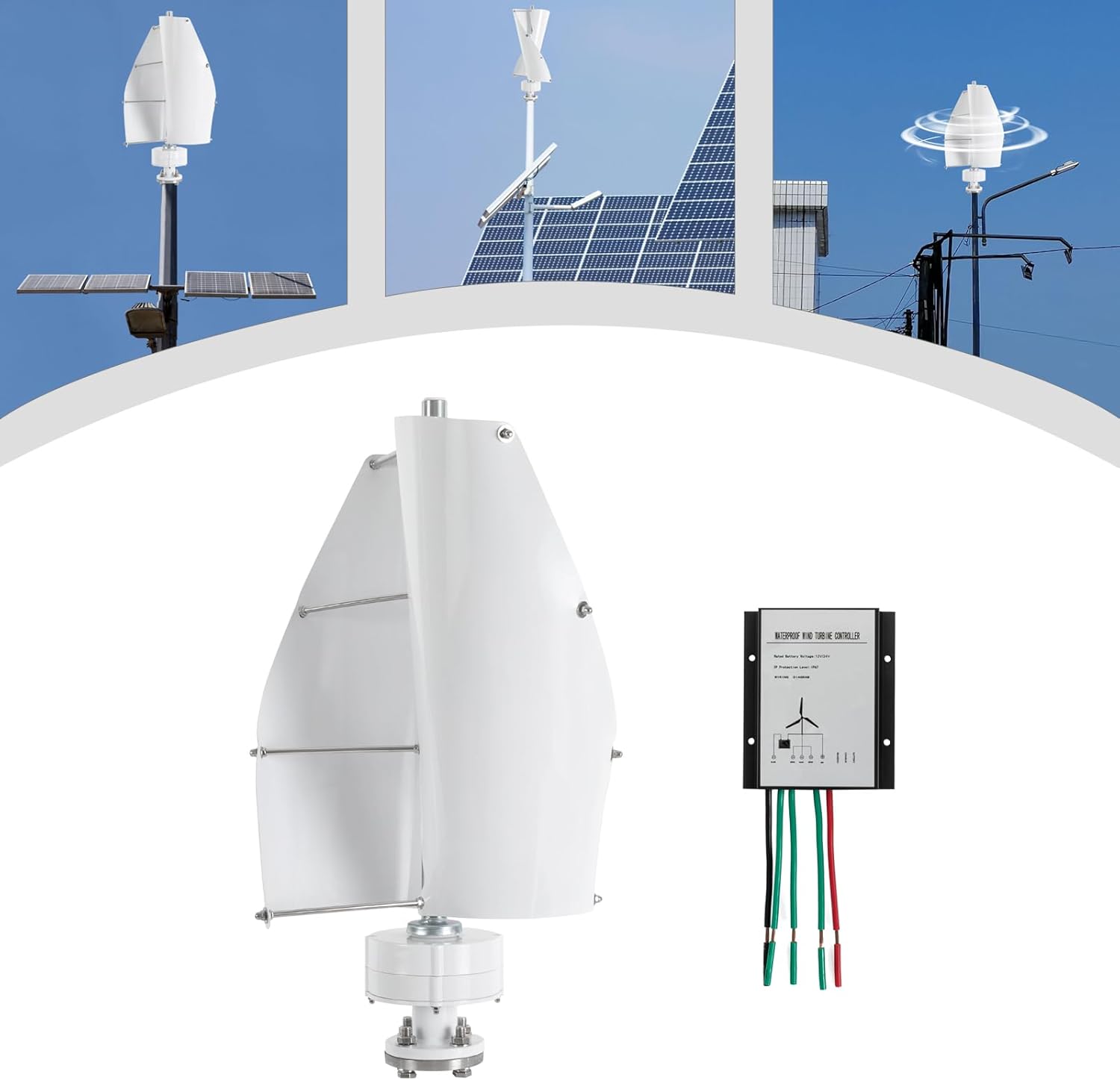 Vertical Axis Wind Turbine Generator Kit 100W - Low Wind Speed Operation, Ultra-Quiet 62dB Helical Blade Design with Smart Controller for Home/Boat/Cabin Power Supply (White)