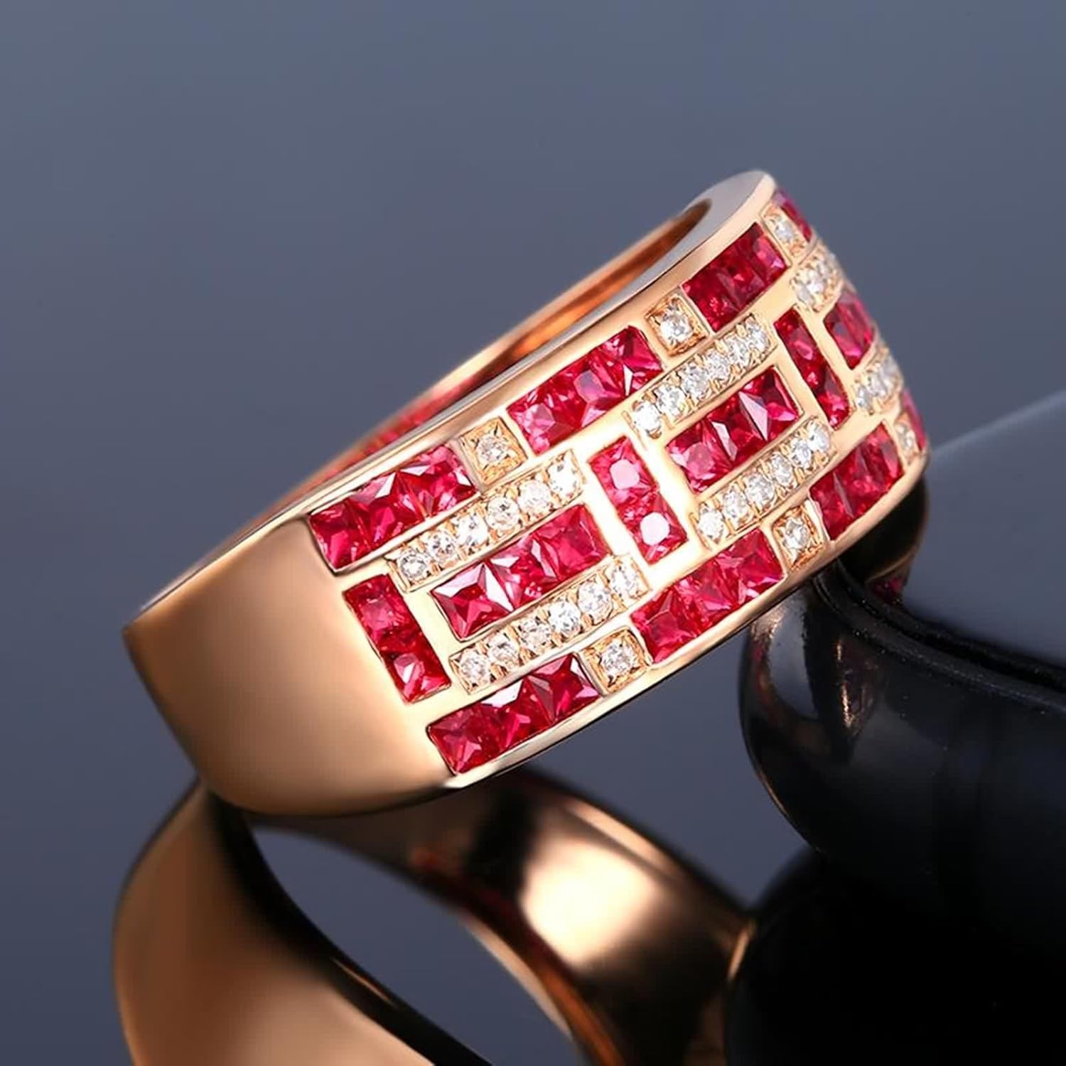 18K Rose Gold Rings, Women's Wedding Bands Lab Created Ruby Drill Row Rose Gold Ring with Moissanite for Bride