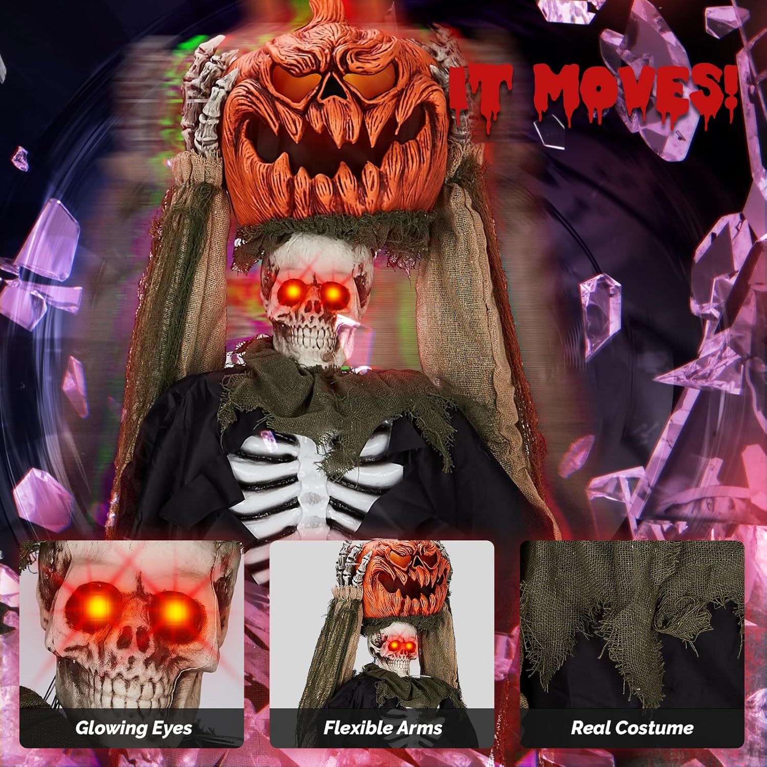 VINGLI 5.6ft Pumpkin Man Life Size Animatronic – Sound Activated, Light-Up Eyes (orange), Head Movement, Battery Operated Indoor Outdoor Yard Decor, Haunted House Scary Decoration, Motion Sensor Hallo