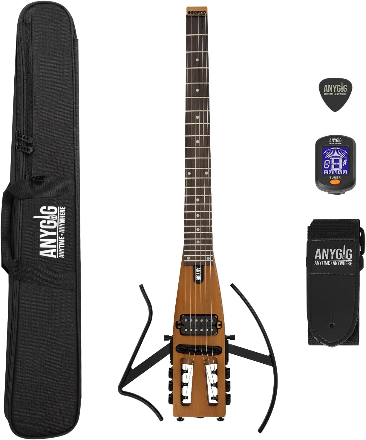 Travel Electric Guitar Headless – Portable Ultra-Light and Quiet, Full-Scale 25.5” Rosewood Fingerboard, glow humbucker, Gig Bag, Removable Stands include all Accessories Left Handed Brown