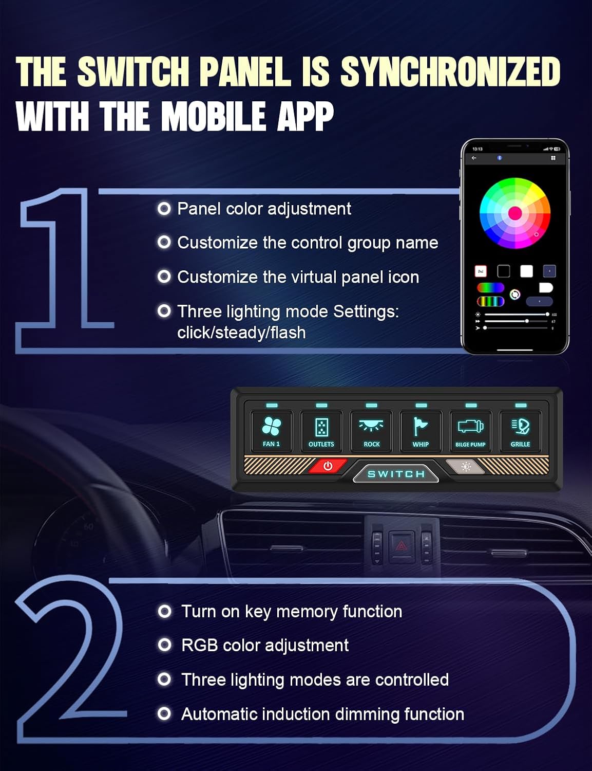 Chelhead Bluetooth Switch Panel 12V Universal 6 Gang Switch Box, Works with Android Auto & App, RGB Keypad, Programmable Modes for Led Pods Whip Lights Electronic Accessories for UTV Trucks