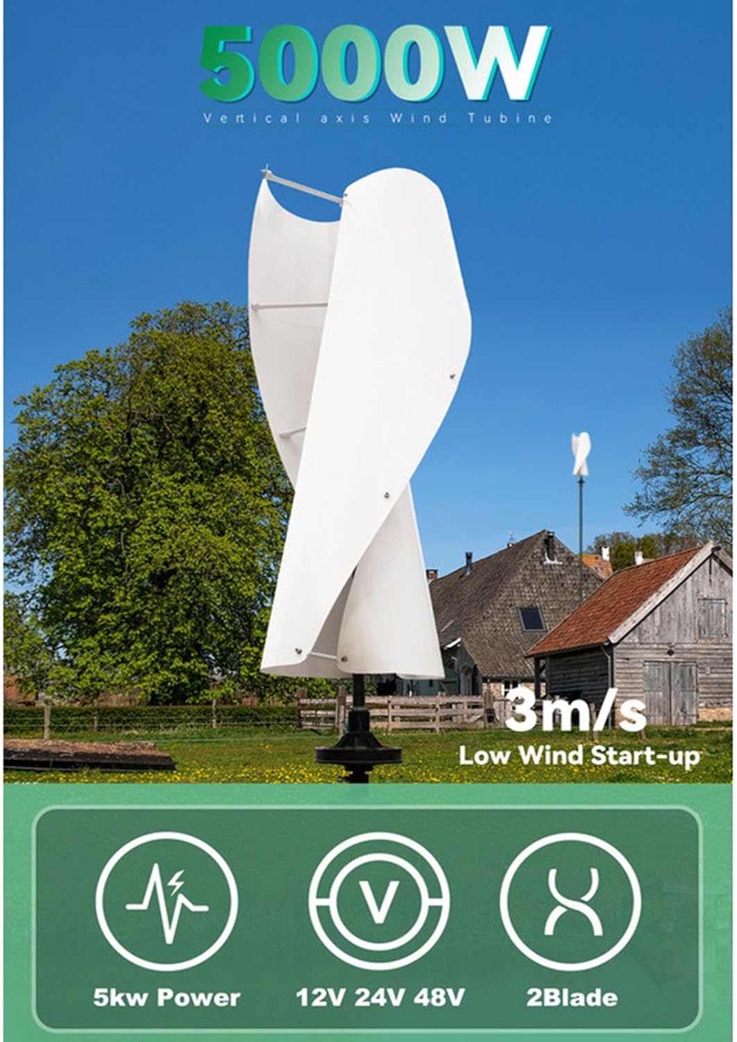 5kw 12v/24V/48v Wind Turbine Generator Kit with Hybrid MPPT Charge Controller Off Grid System Low Wind Speed Noiseless Maglev Generator (Color : Green, Size : 12V)