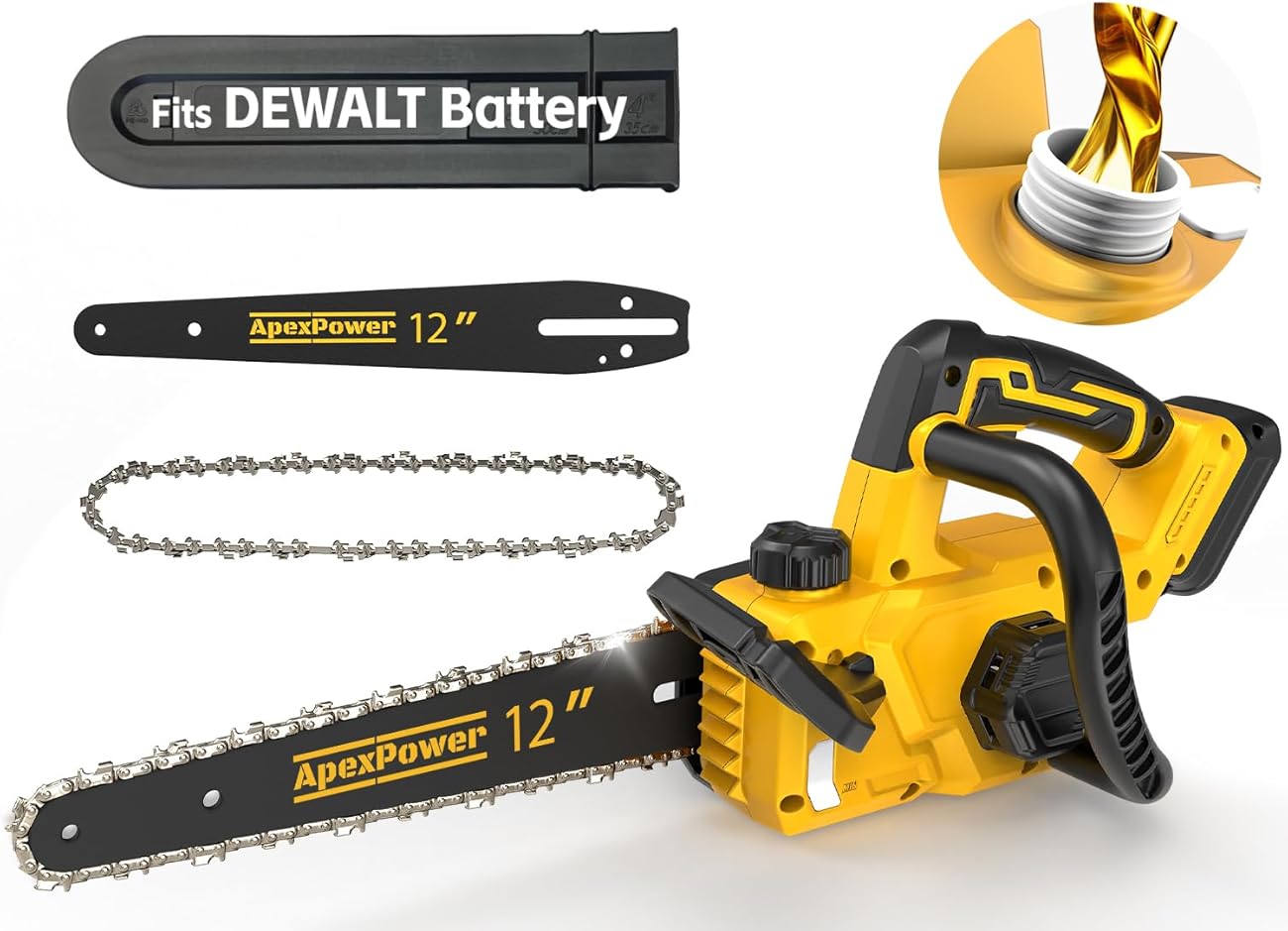 12 Inch Brushless Electric Chainsaw Cordless, for Dewalt Battery 20V, Compact Chain Saw with 44.3 FT/S Powerful Cutting, Auto Oiler Low Kickback Battery Powered Chainsaw for Tree Trimming Wood Cutting
