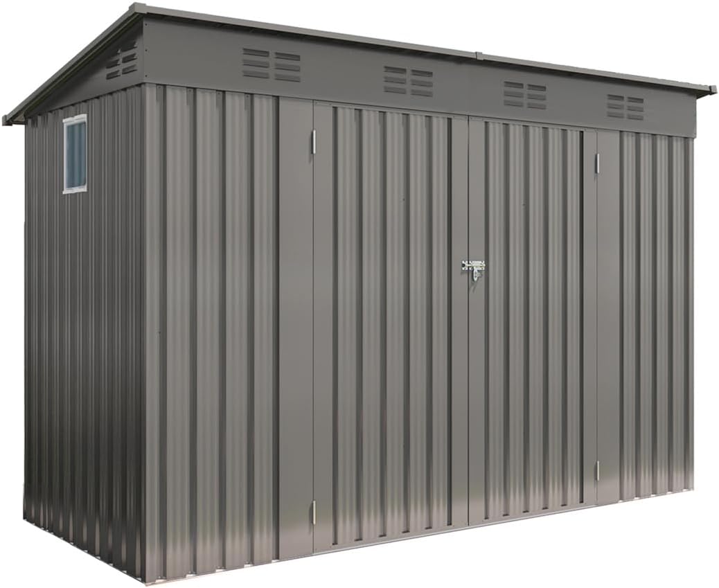 4 x 9 FT Outdoor Storage Shed, Metal Garden Shed Tool House with Sloping Roof,6 Vents and 2 Swing Doors for Backyard, Garden,Patio, Garage, Lawn