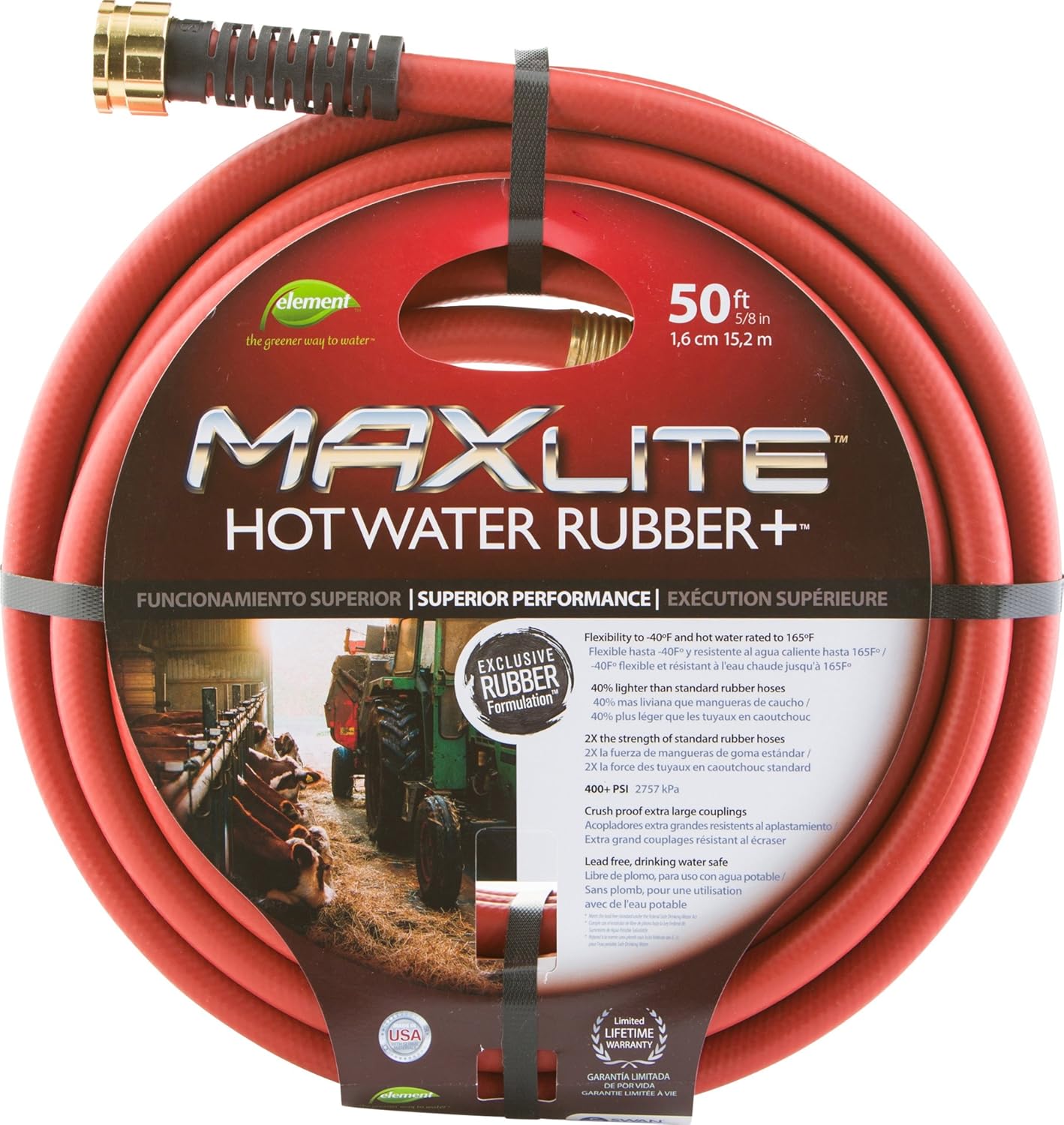 Swan Products CELSGHW58050 Element MAXLite Hot Water Rubber+ Hose with Crush Proof Couplings 50' x 5/8