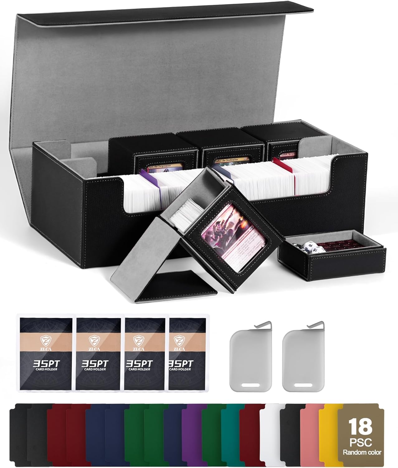 ZLCA MTG Card Storage Box 5 in 1 with 4 Pcs Small Commander Deck Box, Large Card Deck Case for TCG Magic Sports Game Cards（Black）