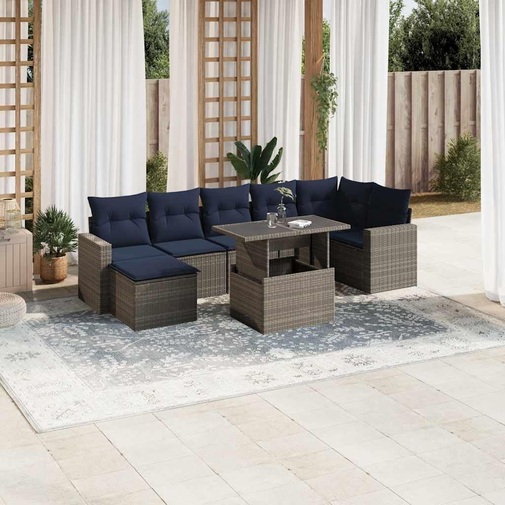 8 Piece Garden Sofa Set, Grey Poly Rattan Outdoor Furniture with Cushions, Adjustable Table, UV-Resistant Patio Dining Sets for Balcony