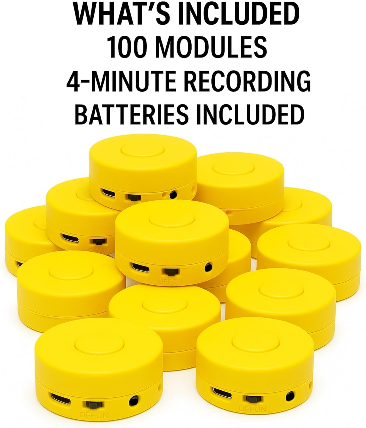 RediTech Go™ Yellow Recordable Voice Modules – 100 Pack – 4-Minute Audio Playback – Upload MP3 Files – for Plush Toys, Crafts, Pillows & Keepsakes – Batteries Included