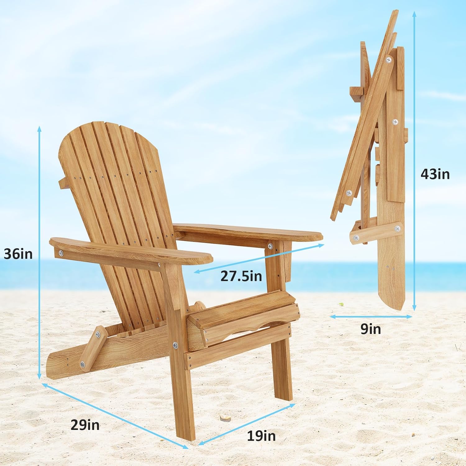 Adirondack Chairs Set of 2, Folding Wooden Adirondack Chair, Fire Pit Chairs, Outdoor Lounge Furniture for Yard, Garden, Patio (Natural)
