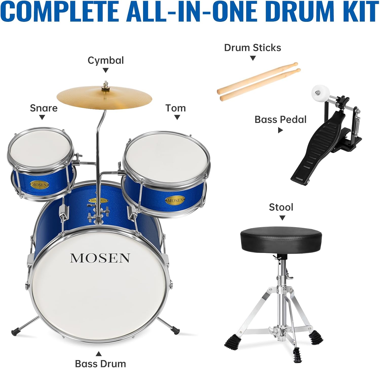 MOSEN Drum Set 3-Piece Beginner Drum Set Junior Drum Kit with Adjustable Throne, Cymbal, Pedal & Drumsticks Drums with Bass Tom Snare Drum - Blue