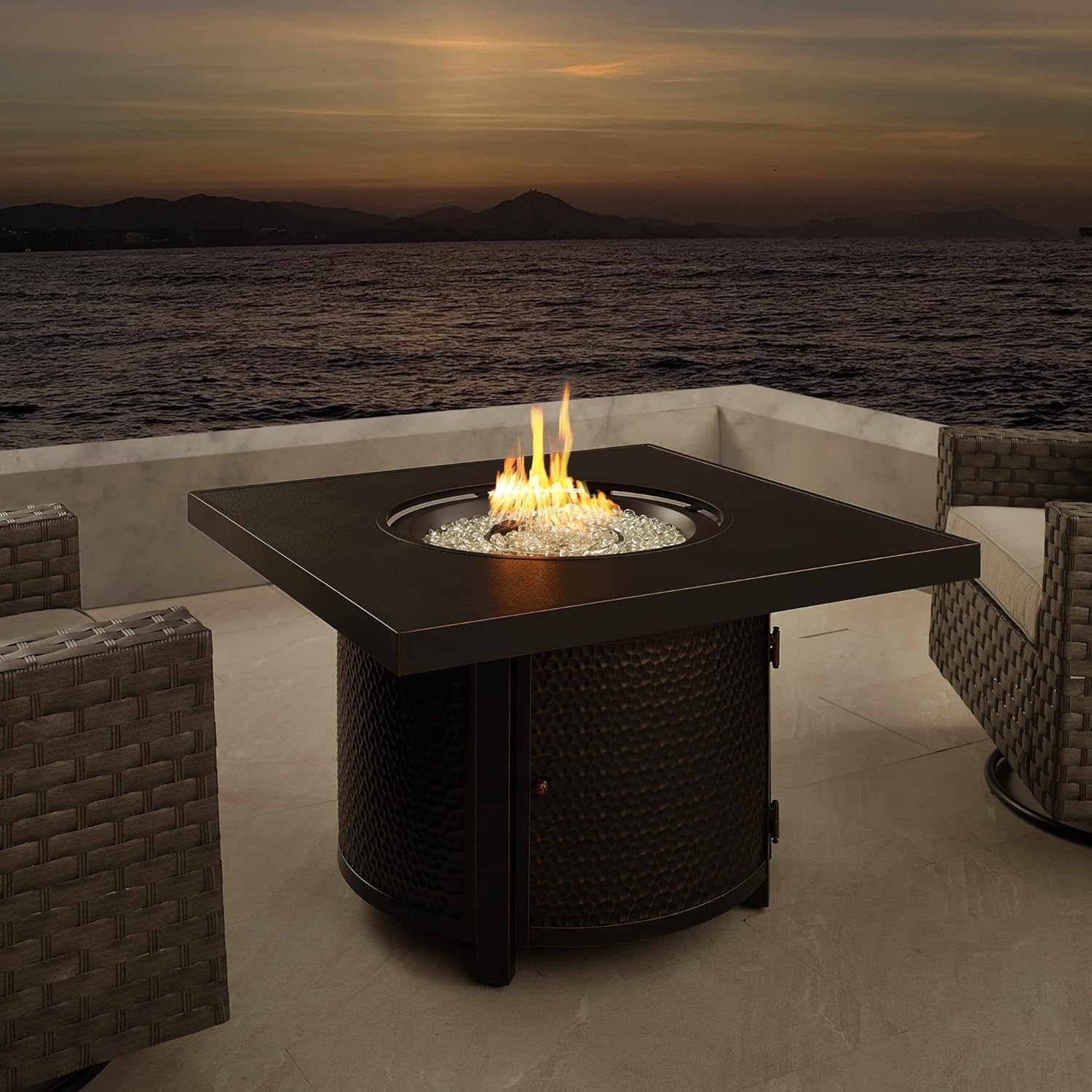 Square LPG/NG Gas Fire Pit Table 55K BTU w/Burner Lid, Cover, Fire Glass #65155