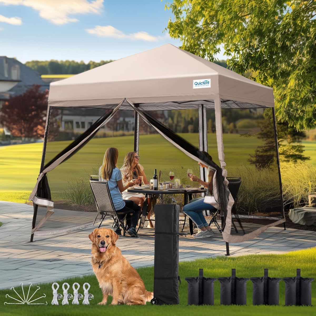 Quictent 9'x9' Pop up Screened Canopy Tent with Mosquito Netting, Portable Easy up Outdoor Screen House Shelter for Patio, Camping and Picnic, Includes Wheeled Carry Bag
