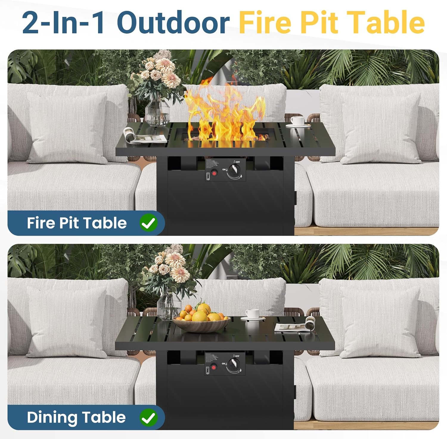 Royalcraft 2 in 1 Propane Fire Pit Table, 50000 BTU Gas Fire Pits Table with Removable Lid, Lava Rock and Cover, Square Fire Table for Dining or Party on Garden, Patio, Yard, 30