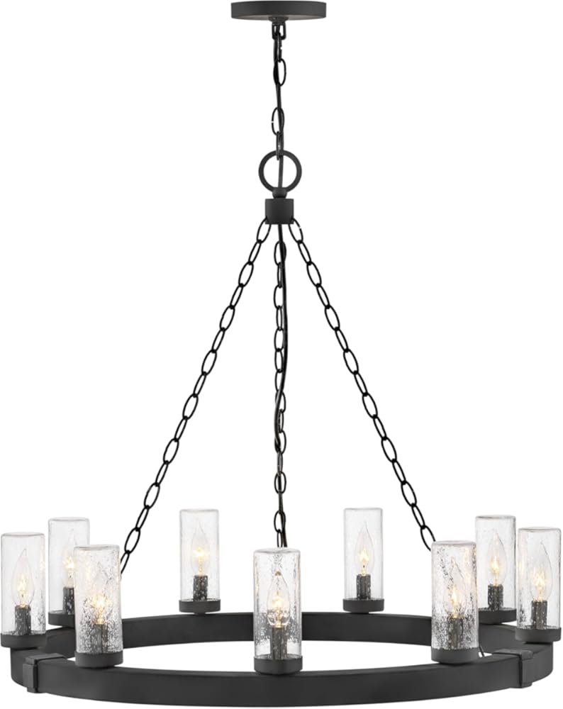 Hinkley Sawyer Medium Single Tier Outdoor Chandelier - Open Air Collection, 9-Light, Rustic, Clear Seedy Glass - Black Finish
