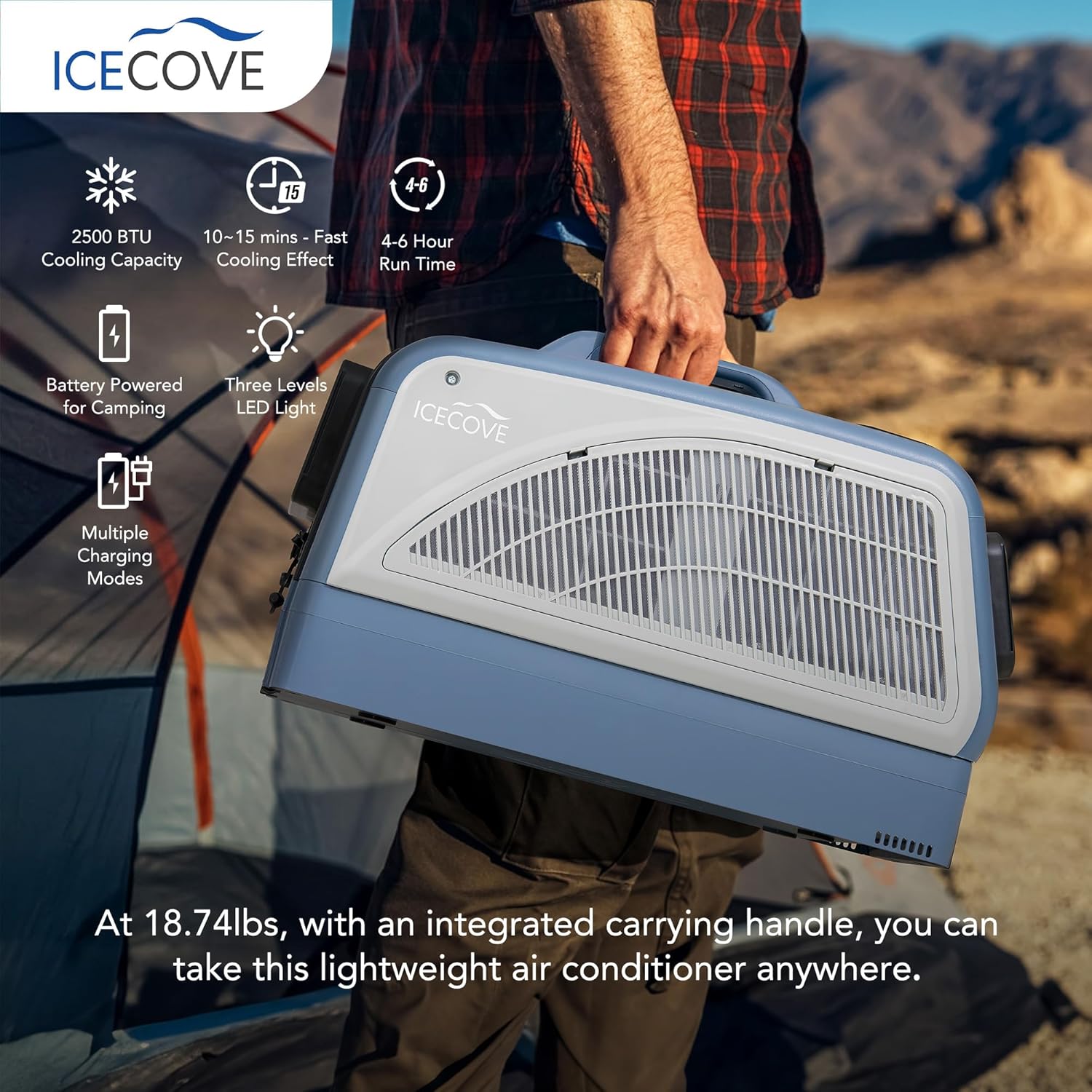 IceCove Portable Air Conditioner with Add-on 2 Batteries, 2500BTU Portable AC Unit, 250W Low Power Consumption, 25.5VDC, 2 Fan Speed, 3 Light Mode for Tent Camping RV Truck Van Life Home, Blue