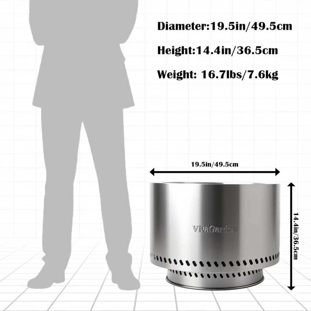 19.5 Inch Smokeless Fire Pit, VivaGarden Outdoor Wood Burning Fire Pit with Carry Bag, Stainless Steel Firepit for Camping, Backyard, Patio, Bonfire & Garden Gatherings (Silver)