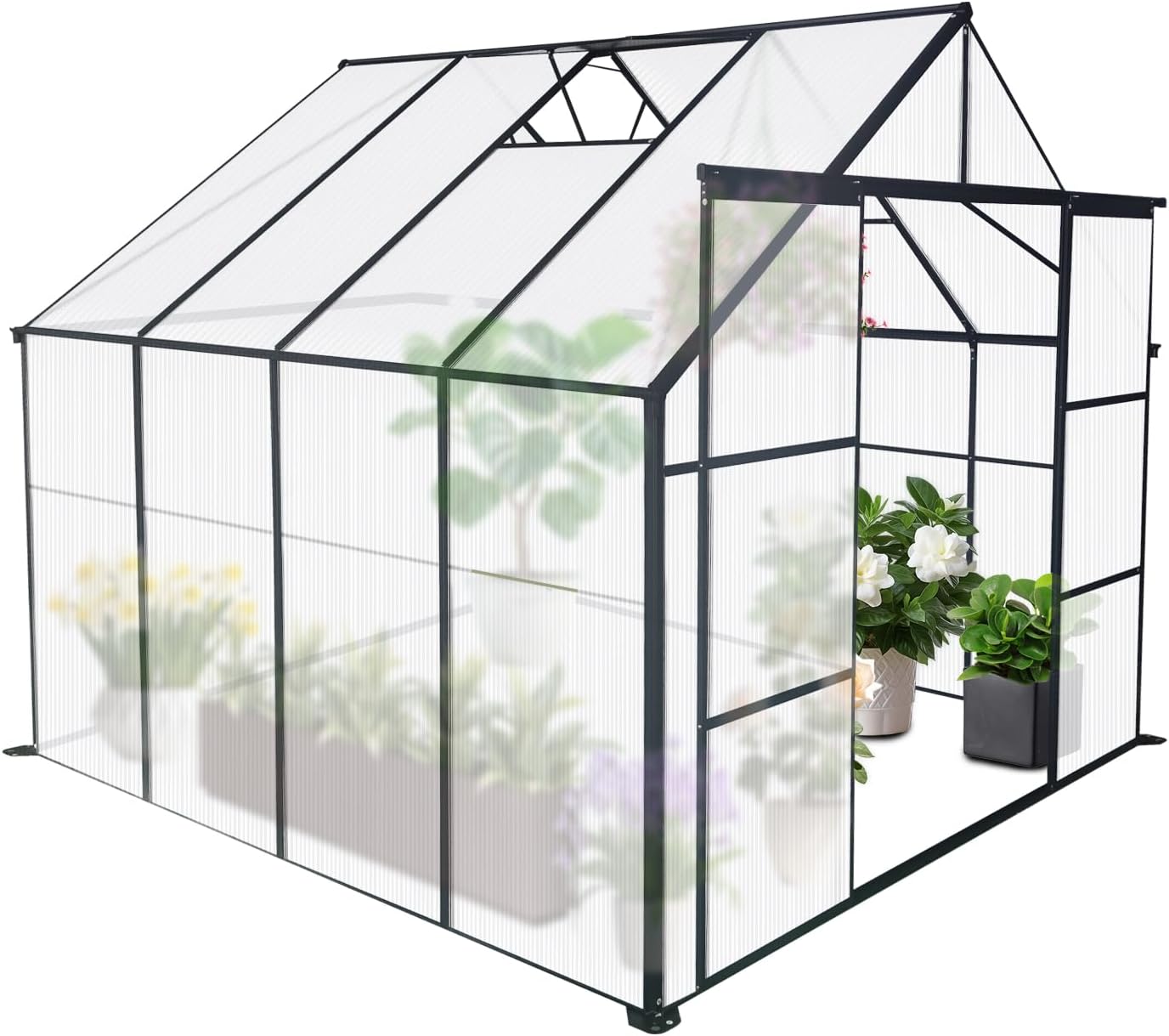 8x8 FT Greenhouse for Outdoors, Polycarbonate Green House with Double Doors and Roof Vent, Aluminum Frame Heavy Duty Walk-in Greenhouse for Outside Garden Backyard, Black