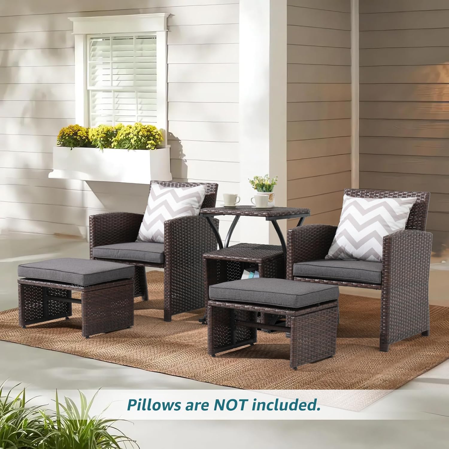 OC Orange-Casual 6 Piece Patio Wicker Furniture Set, Balcony All Weather Rattan Chair, with Space Saving Ottoman, Resin Nesting Coffee Table, Modern Design, Dark Grey