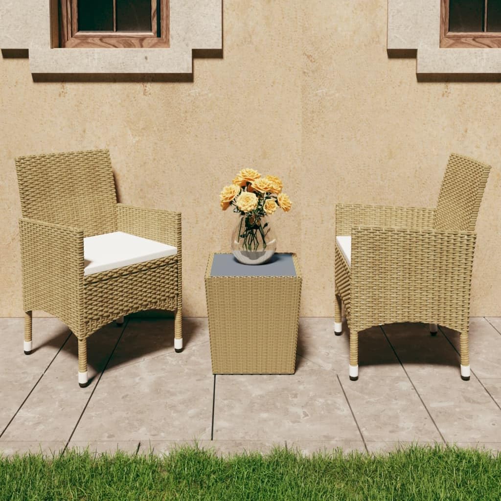 3 Piece Bistro Set Poly Rattan and Tempered Glass Beige,Versatile Patio Bistro Set: Enhance Your Outdoor Spaces with Comfort and Style Patio Furniture, Outdoor Furniture Sets