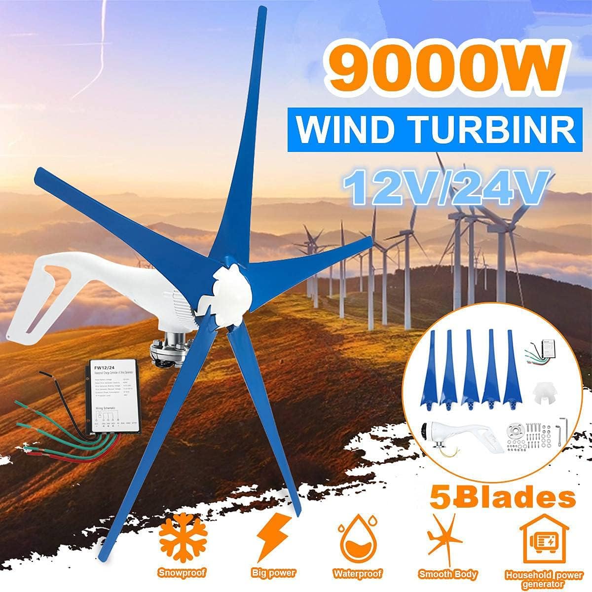 9000W Wind Turbine Generator 12V 24V Free Alternative Energy Windmills with MPPT Controller 5 Blades Wind Turbine Generator