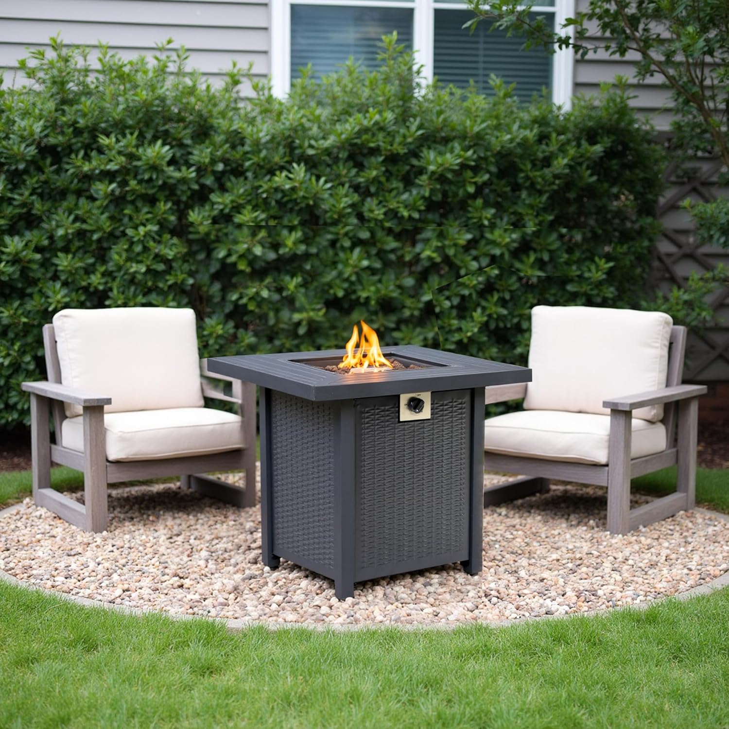 28-inch Iron Square Propane Fire Pit Table, Outdoor Gas Fire Pit Table, Wicker Design, Propane Powered with Decorative Rocks
