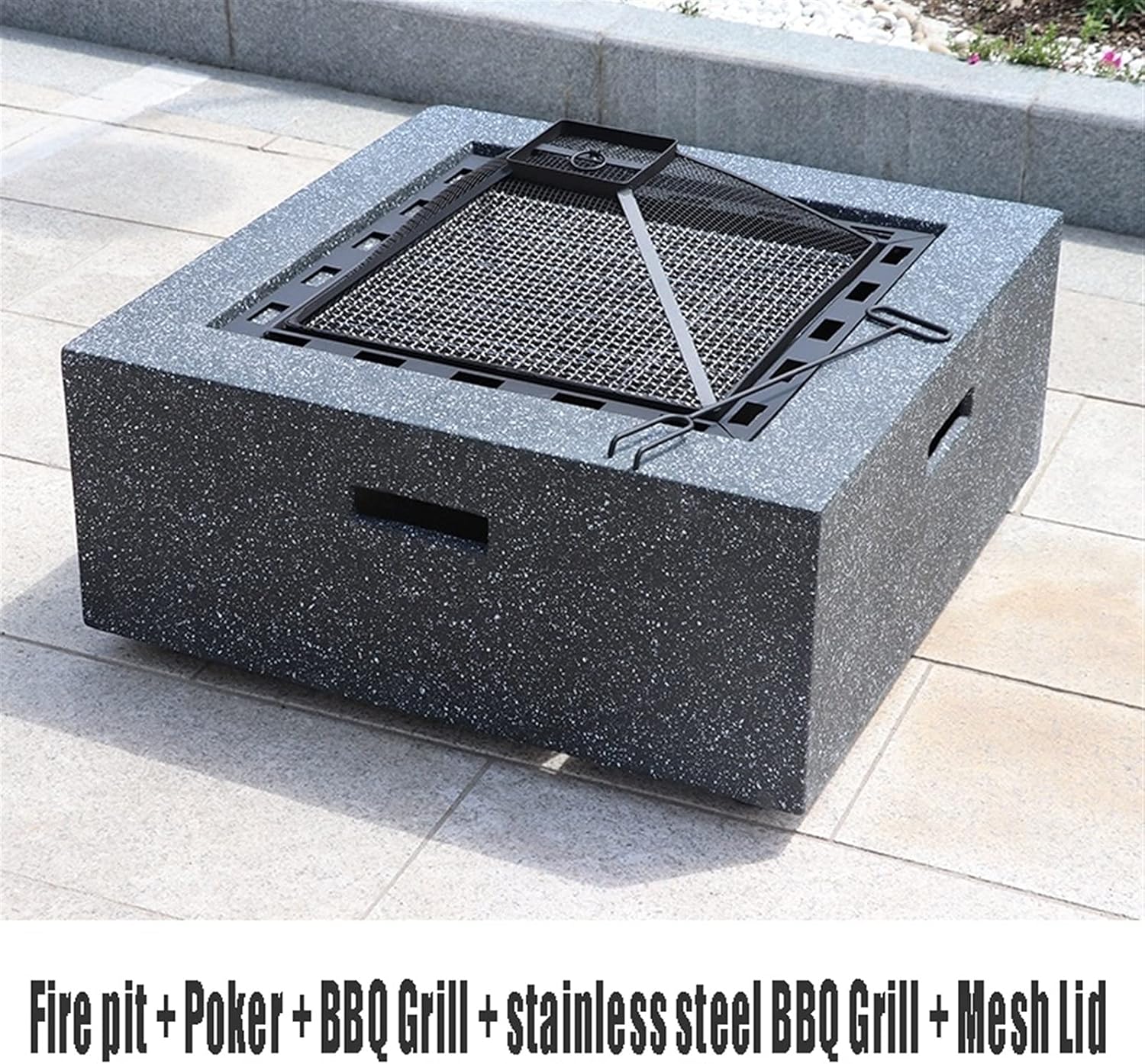 Outdoor Fire Pit Garden Wood-Burning Fire Pit Grill Table Set, Outdoor Backyard Patio Fireplace Fire Bowl, with Sparkle Screen Cover and Poker