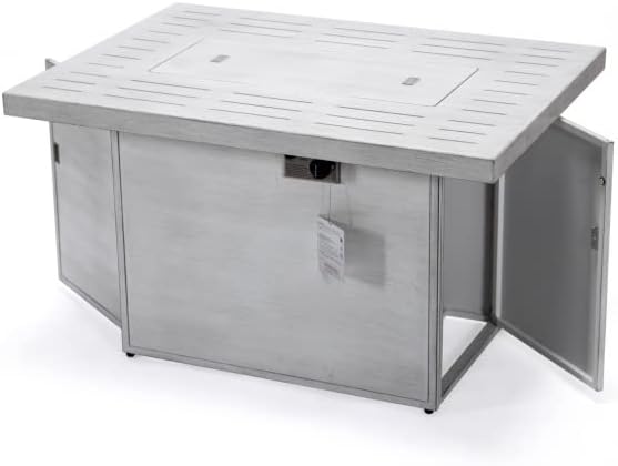 LeisureMod Chelsea Propane Fire Pit 44 Inch 55,000 BTU Auto-Ignition Gas Fire Pit Table with lid, Wind Guard and Decorative Stones Aluminum Frame (Weathered Grey)