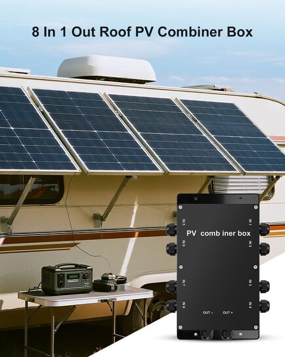 Roof Combiner Box for Solar Panels, Weatherproof PV Combiner Box for RV and Off-Grid/Grid-Connected Solar Systems, 8 in 1 Out Solar Panel Connection Box IP68 Waterproof