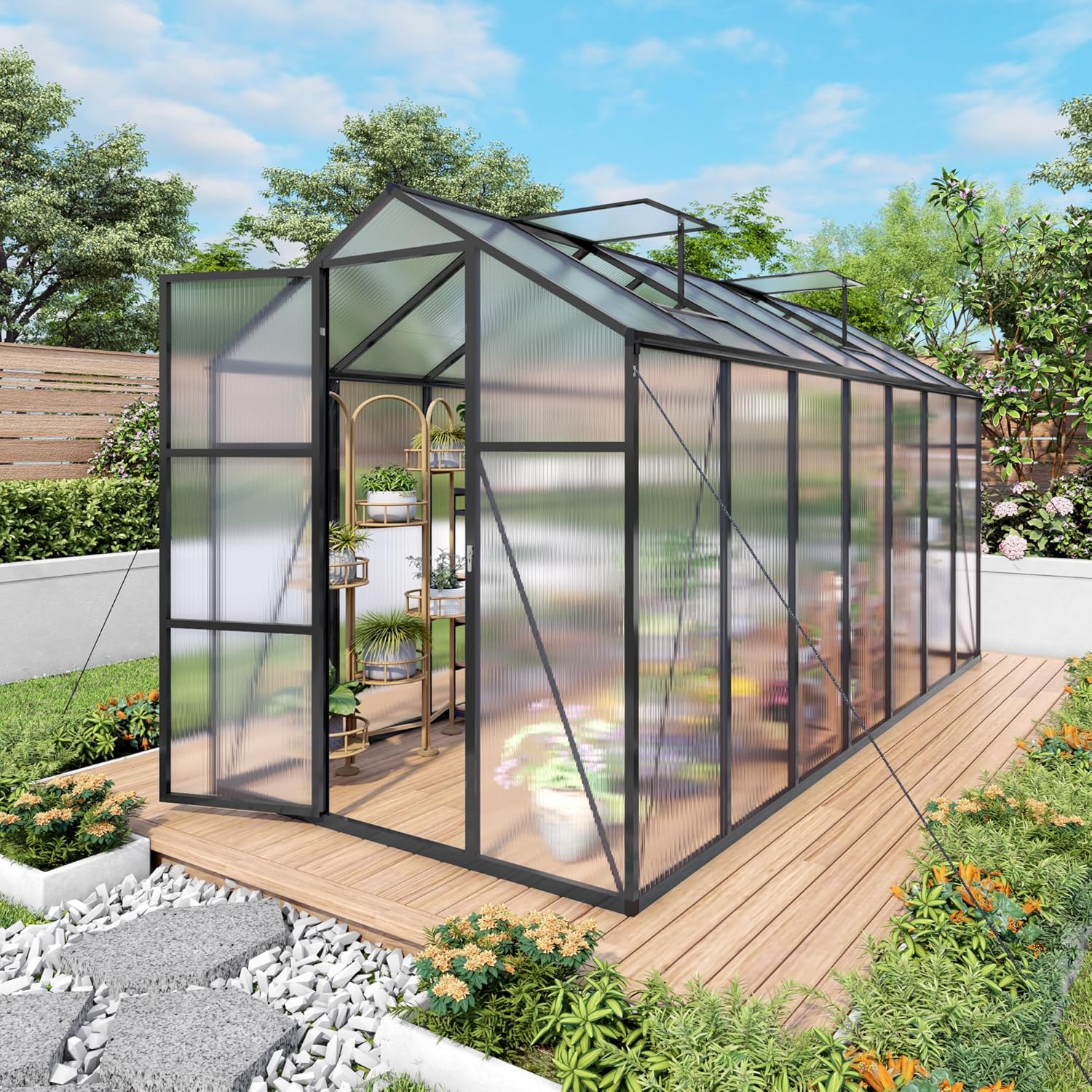 6x14 FT Greenhouse, Heavy Duty Polycarbonate Greenhouses for Outdoors with Thicken Sturdy Aluminum Frame, Walk-in Green House with Stakes, Ropes, Roof Vent, for Outside Garden Backyard, Patio, Black