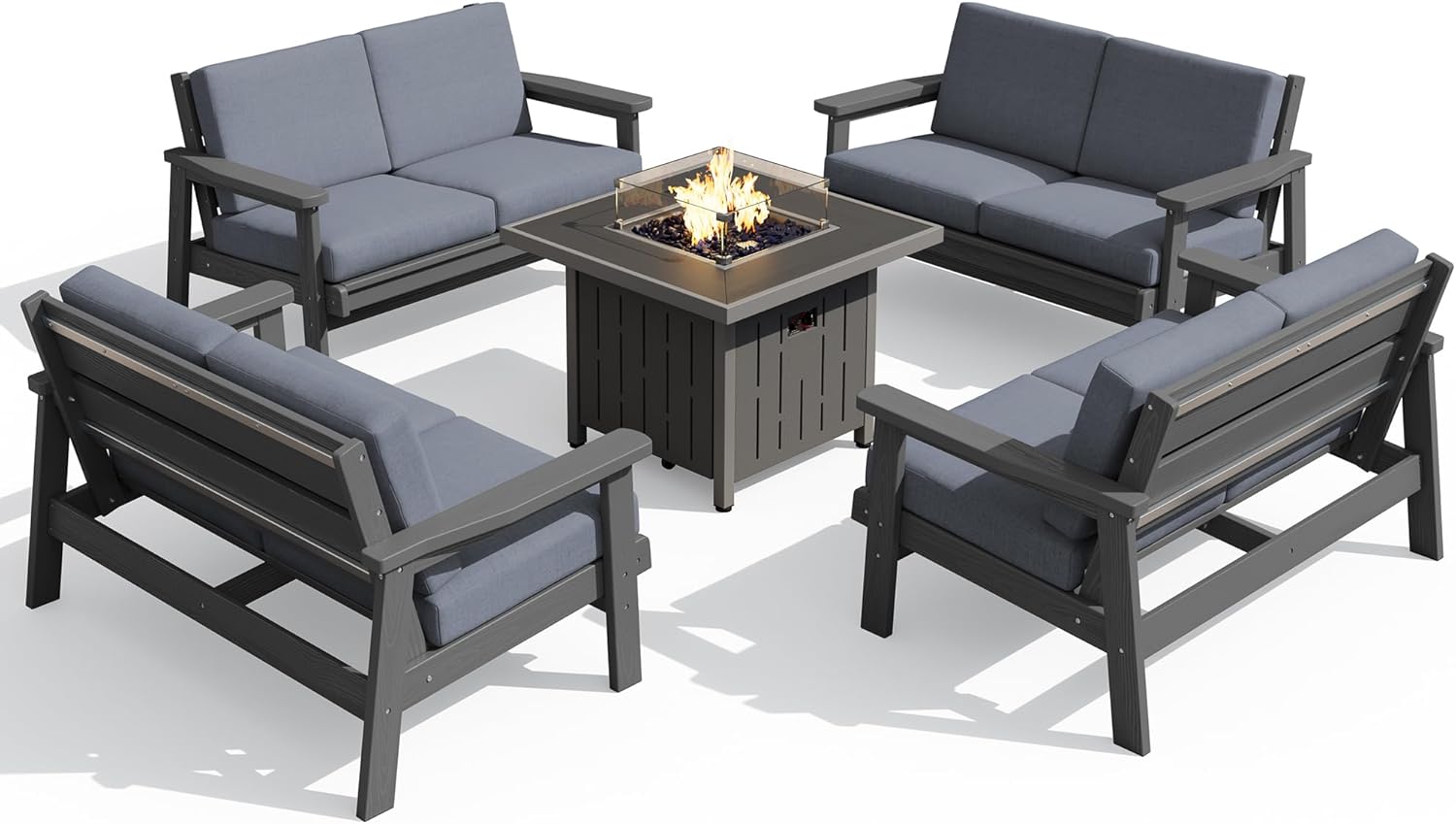SERWALL Patio Furniture Set with 33” Fire Pit Table, HDPE Outdoor Sectional Sofa Set with Thickened Cushions, Grey Frame with Grey Cushions