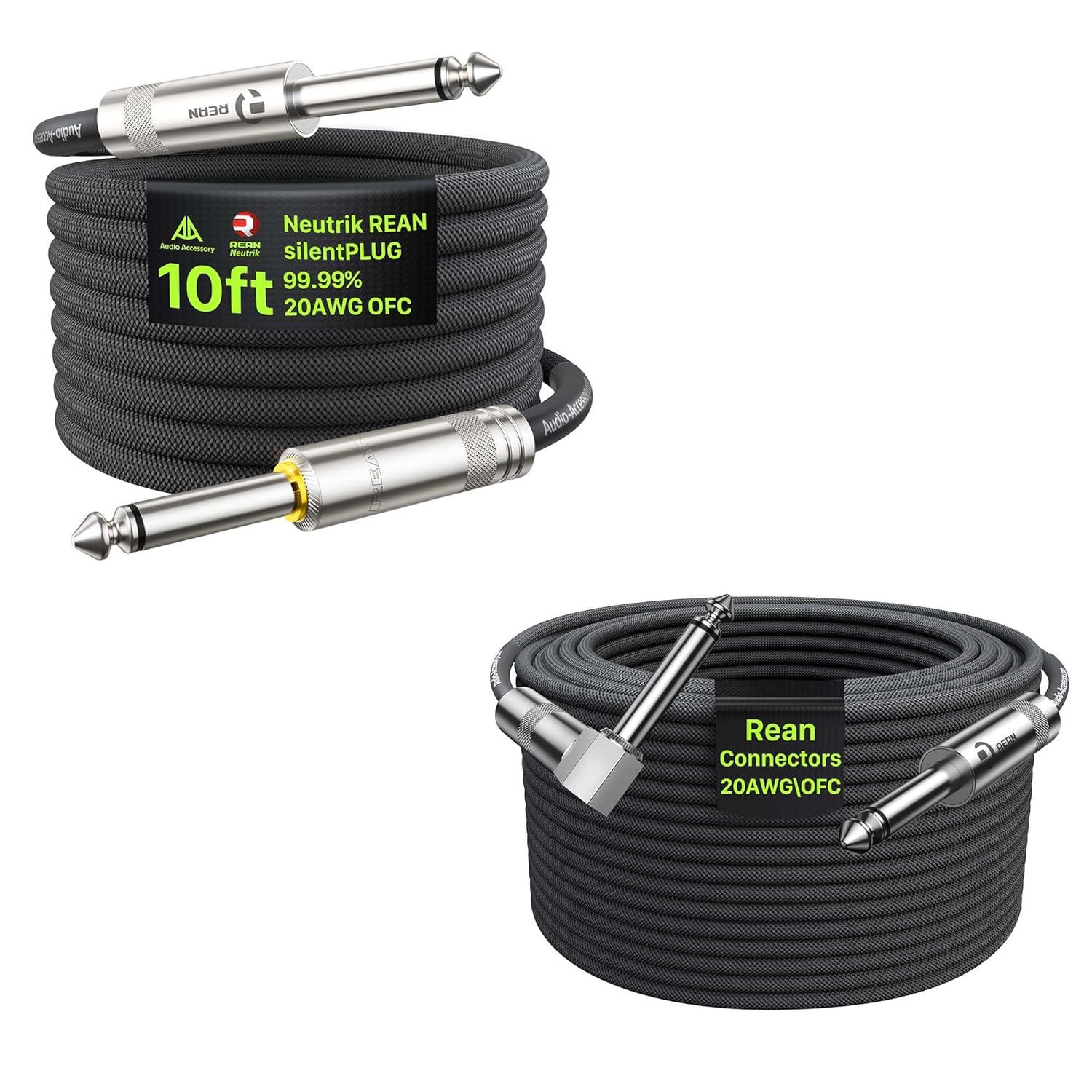 Silent Guitar Cable 10 ft 1 Pack with Right Angle Guitar Cable 100 ft 1 Pack