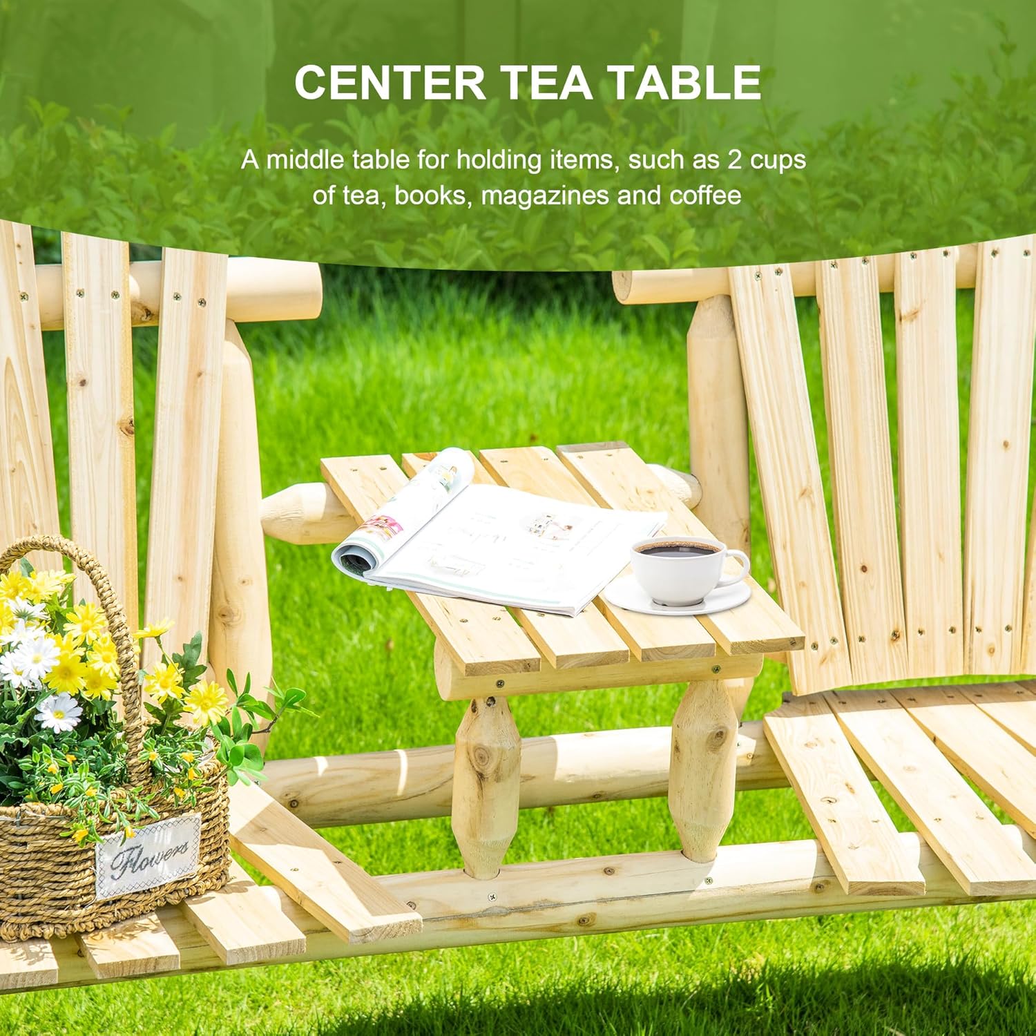 Wooden Chair with Table for Outdoor Spaces, 2 Patio Fire Pit Chair, Natural Finish Deck, Porch, Backyard Table,