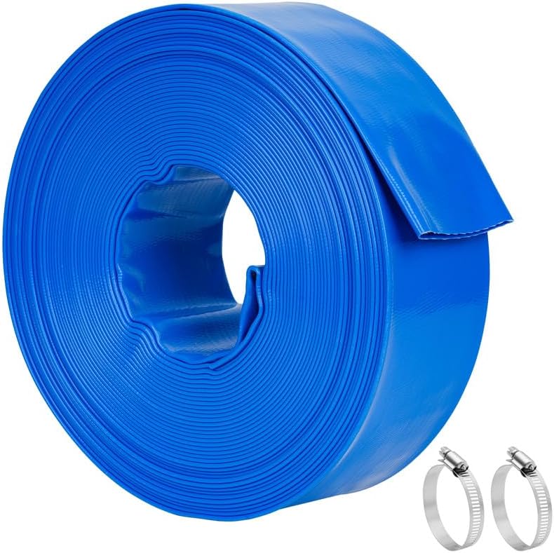 LINEX 3 IN x 100 FT Pool Backwash Hose - Heavy Duty Pool Pump Drain Hose Flat PVC Swimming Pools Hose for Sump Pump Discharge, Sand Filter Waste & Water Drainage, with Clamp (Blue)
