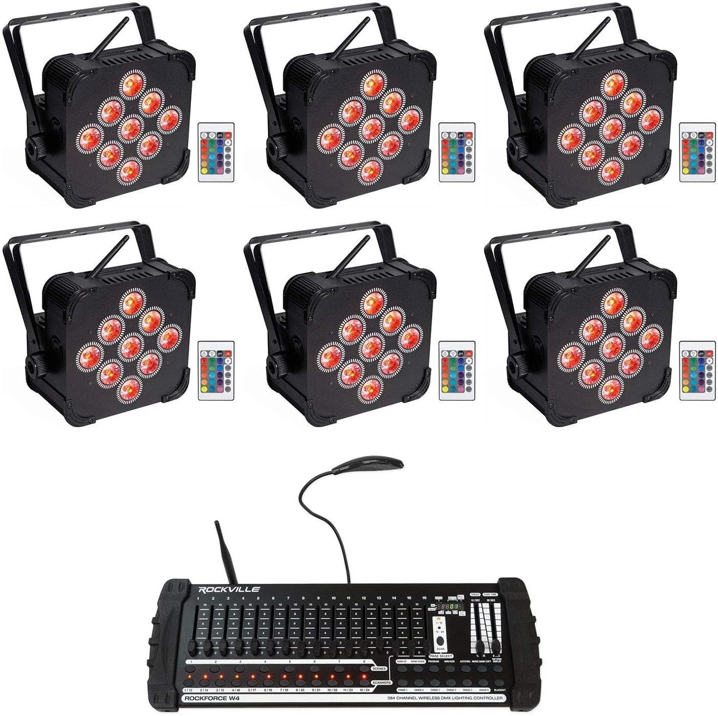 Rockville BEST PAR 60 Bundle: (6) Rechargeable RGBWA and UV Battery Wash Lights with Wireless DMX, 13200mAh Power, 9x6W LEDs, ROCKFORCE W4 384-Channel 2.4GHz DMX Lighting Controller with MIDI, 7-items
