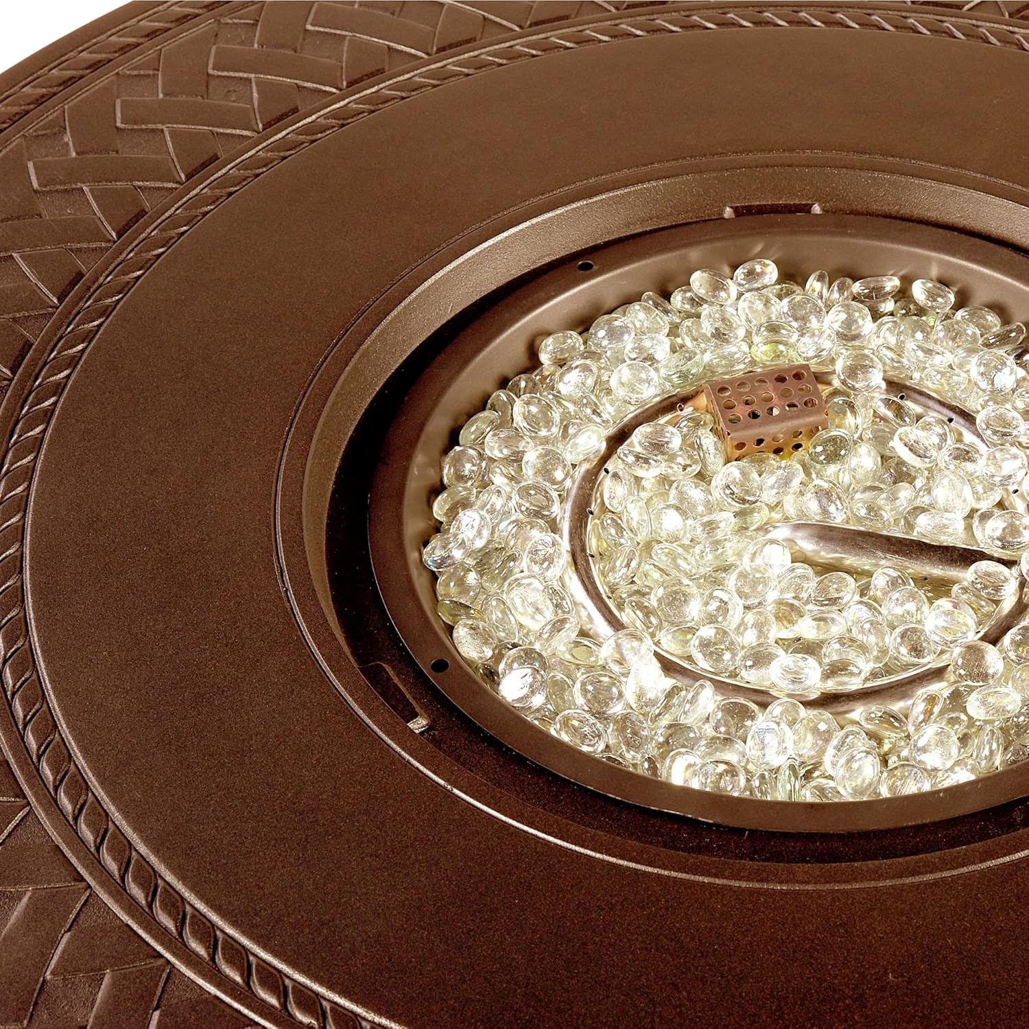 Round 34 in. x 34 in. Aluminum Propane Fire Pit Table with Glass Beads, Two Covers, Lid, 37,000 BTUs in Brown Finish