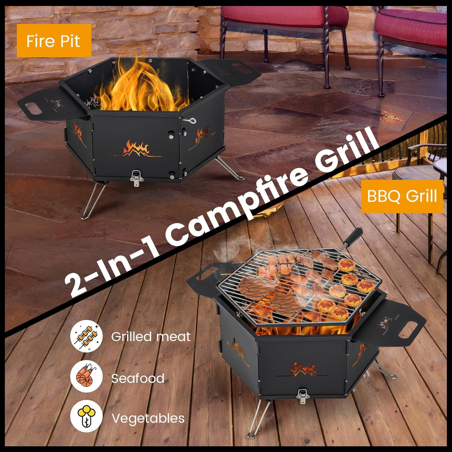 Giantex Fire Pit Grill, Outdoor Fire Pit with Removable 360° Swivel Cooking Grate, Collapsible Fire Bowl, Foldable Legs, Wood Burning BBQ Fireplaces Campfire Grill for Backyard Patio Picnic