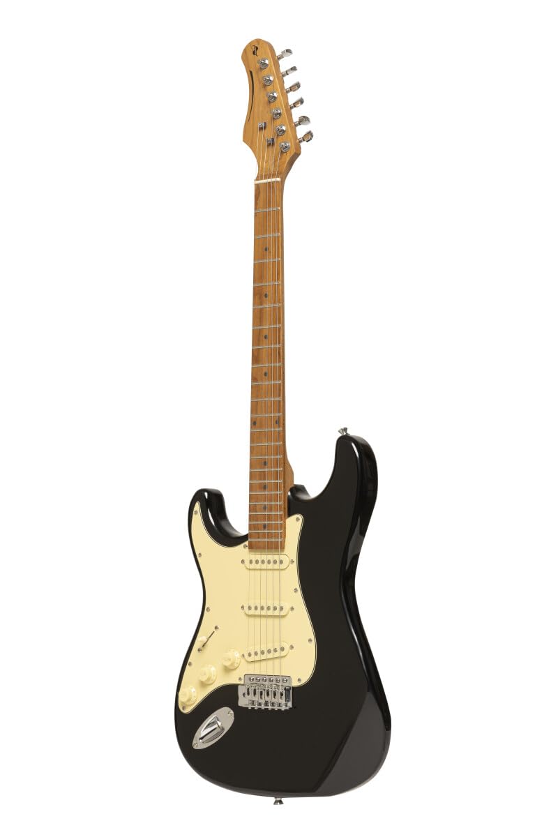 Stagg SES-55 BLK LH Series 55 Left Handed Electric Guitar with Solid Paulownia Body l Tempered Maple Neck l 22 Fret Maple Fingerboard l Aged White 3-Ply Pickguard l Brilliant Black Finish