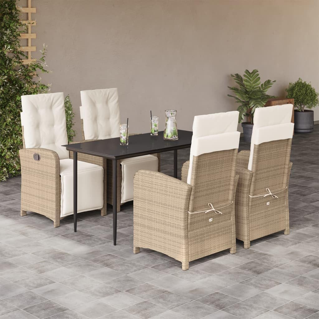 5 Piece Patio Dining Set with Cushions Beige Poly Rattan,Comfortable Patio Dining Set: Reclining Chairs and Glass Table for Outdoor Relaxation Furniture Sets for Patio, Lawn & Garden