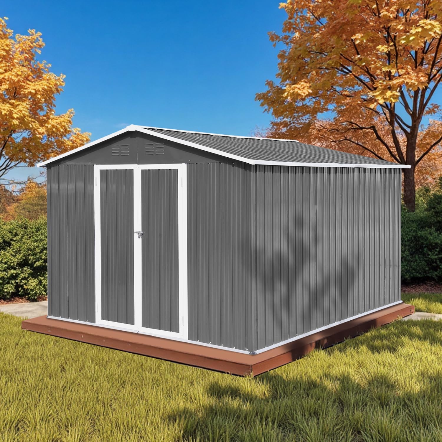 10' x 8' XL Outdoor Storage Shed, Sturdy Metal Building w/Lockable Doors for Garden, Backyard, Poolside and Lawn, Grey