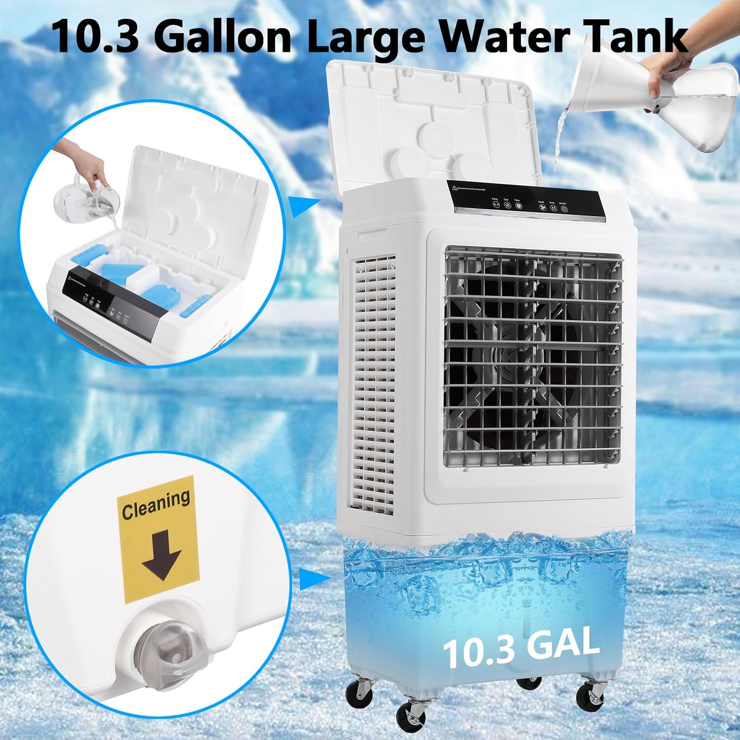 Portable Evaporative Cooler, 3000 CFM Air Cooler, 120° Oscillation Swamp Cooler with Remote Control, 3 Wind Speeds, 10.3 Gallons Water Cooler Fan with 450 Sq. Ft. Coverage