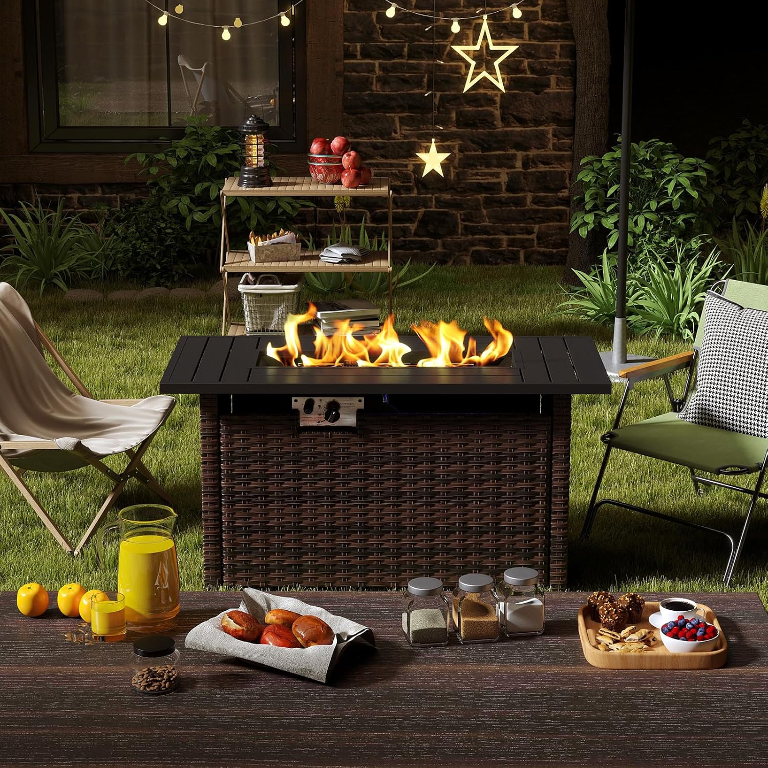 44IN Brown Wicker Gas Fire Pit Table with Side Door, Propane Powered, 50000 Btu Heat Output