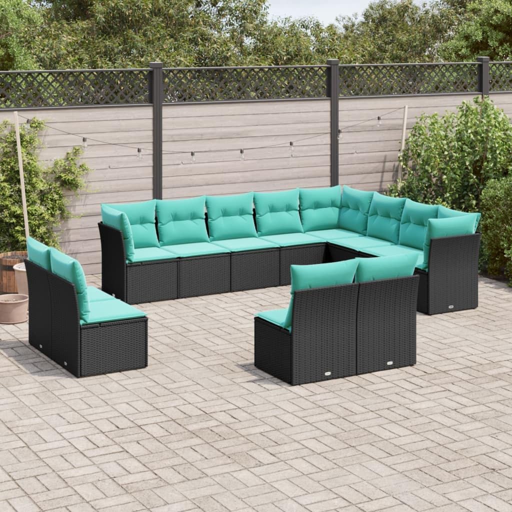 12-Piece Modular Patio Sofa Set, Black PE Rattan, Blue Cushions, Outdoor Table and Chairs, Balcony Furniture, Garden and Terrace