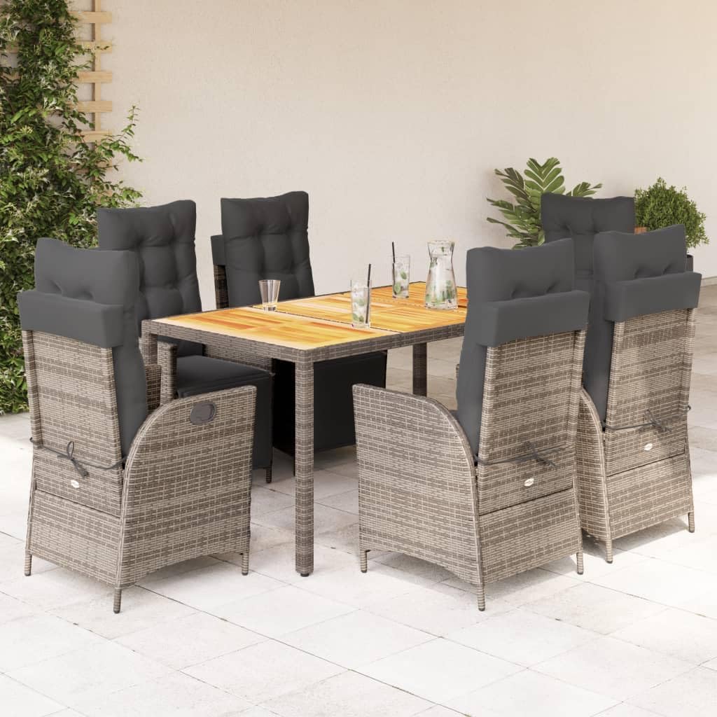 7 Piece Patio Dining Set with Cushions Gray Poly Rattan,Luxury Garden Furniture Set with Adjustable Reclining Chairs and UVResistant Acacia Wood Table Furniture Sets for Patio, Lawn & Garden