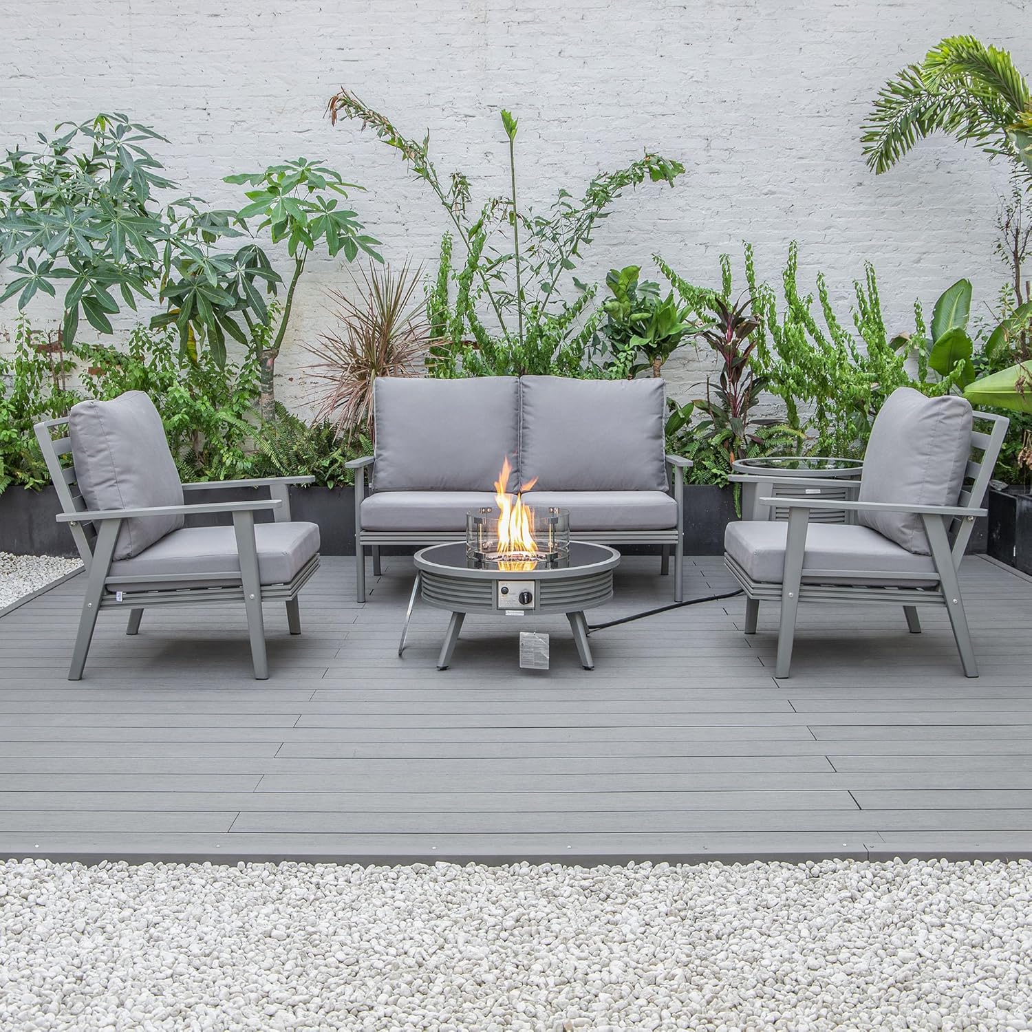LeisureMod Walbrooke Modern Aluminum 5-Piece Patio Conversation Set with Outdoor Round Fire Pit Slats Design & Side Table Tank Holder, Grey
